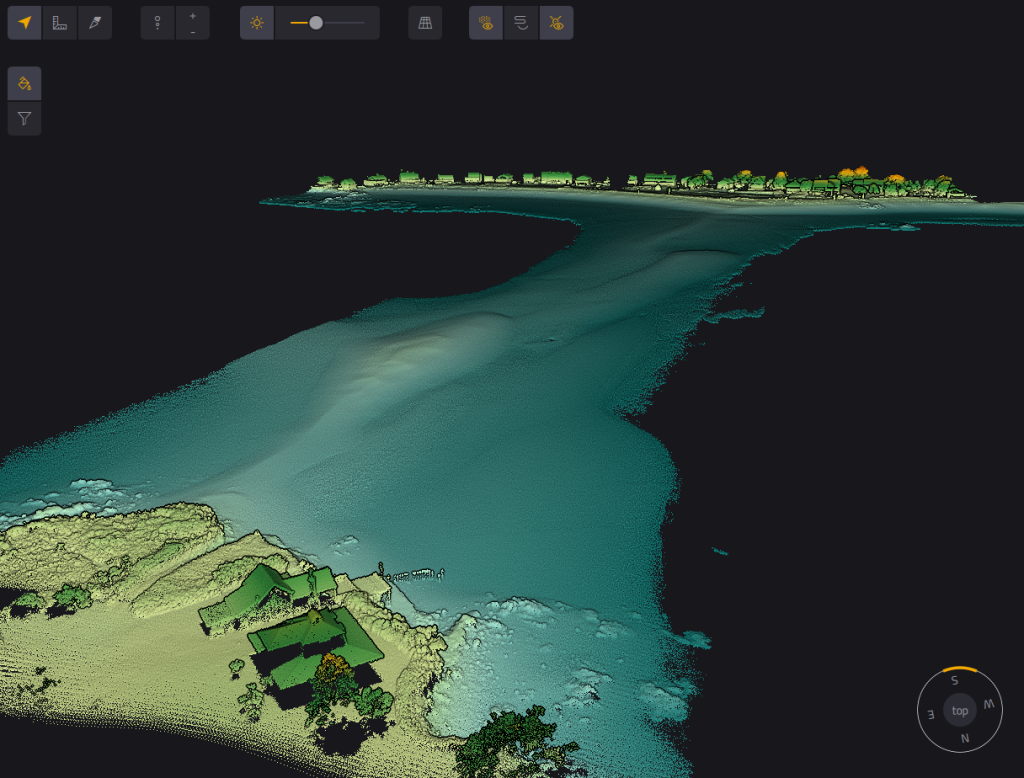 Point cloud showing a tombolo connecting Hills Beach, Biddeford, Maine to Basket Island.