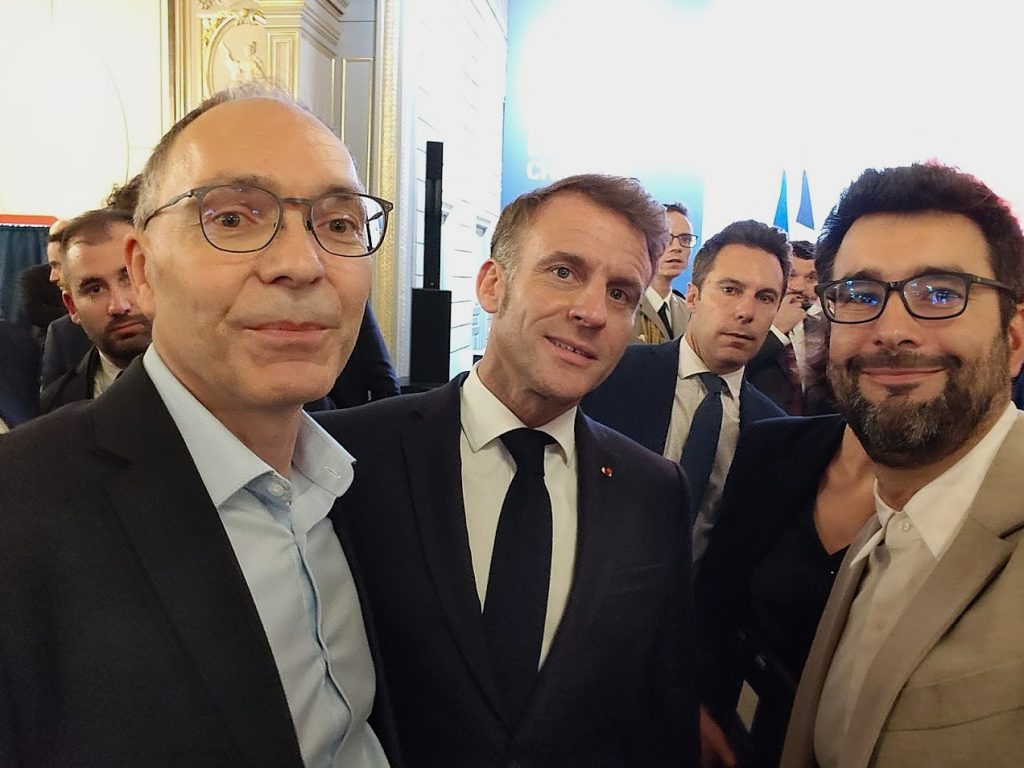 Michel Assembaum, French President Emmanuel Macron & Tristan Allouis.