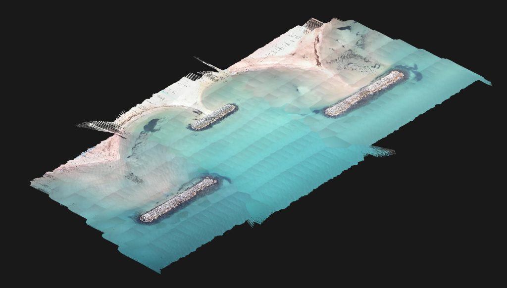 This view in CloudStation illustrates the topobathymetric dataset, which has been colorized using the RGB embedded camera
