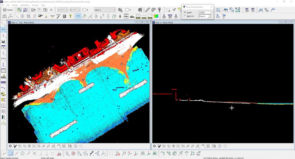 This is a view in TerraScan, showing the overlay of datasets from Lineup Ocean and YellowScan, with a slice illustrating the continuous data from the building to the sea