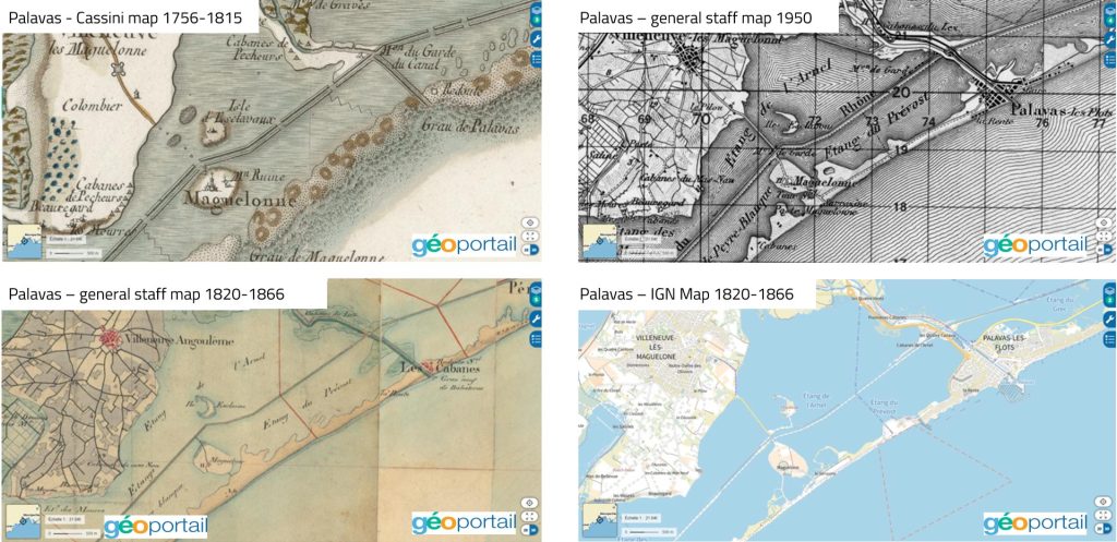 Palavas-les-flots though the age in 4 official maps ©Geoportail