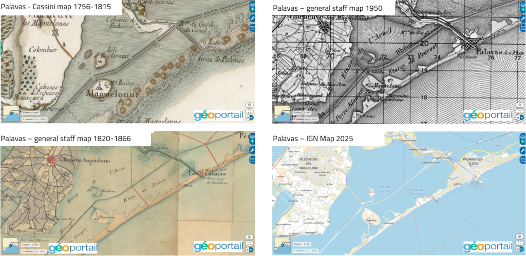Palavas-les-flots though the age in 4 official maps ©Geoportail