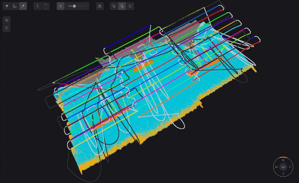 A view of the YellowScan CloudStation with the flight strips overlaid on the dataset