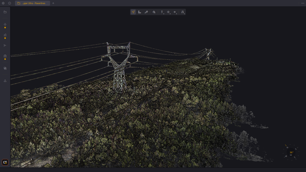 YellowScan CloudStation software processing a powerlines poitncloud.